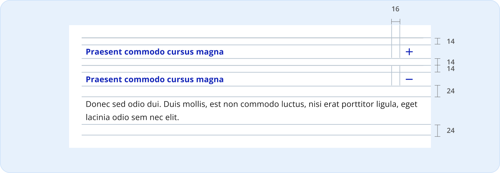 Image montrant les espacements du composant accordéon du système de design de HQ