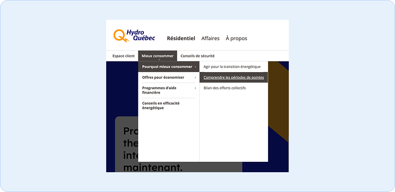 site hydro-québec avec menu ouvert