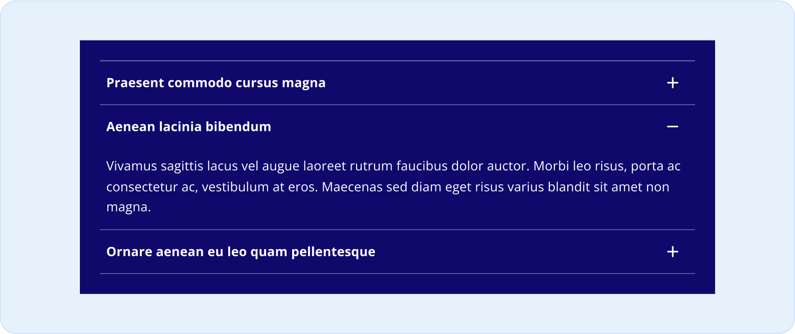 Image montrant les couleurs et styles du composant accordéon sur fond bleu de HQ